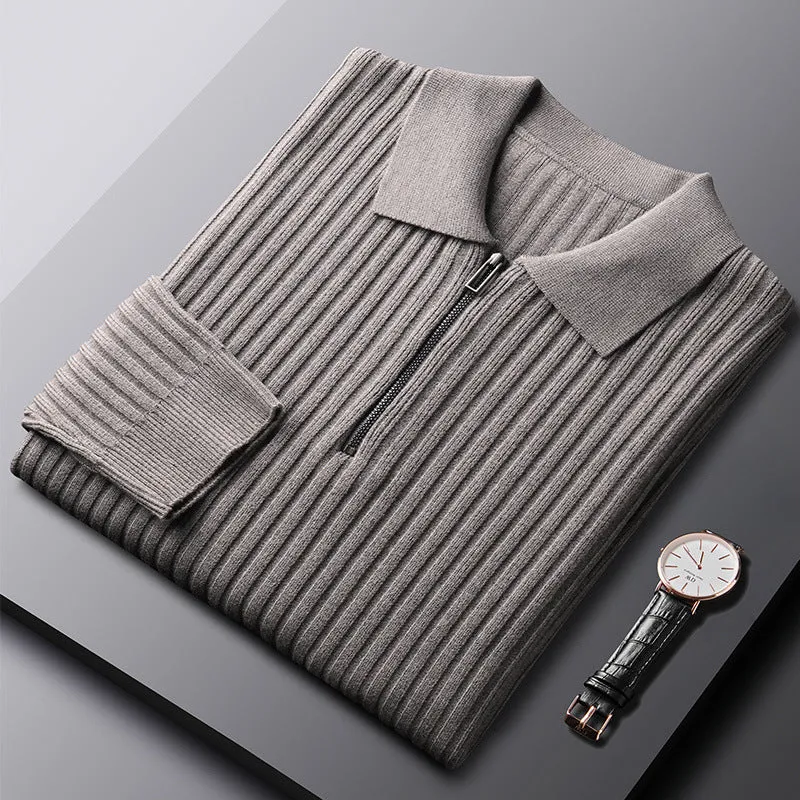 Men's half-zip cardigan sweater in gray, loose fit, long sleeves, polyester fabric