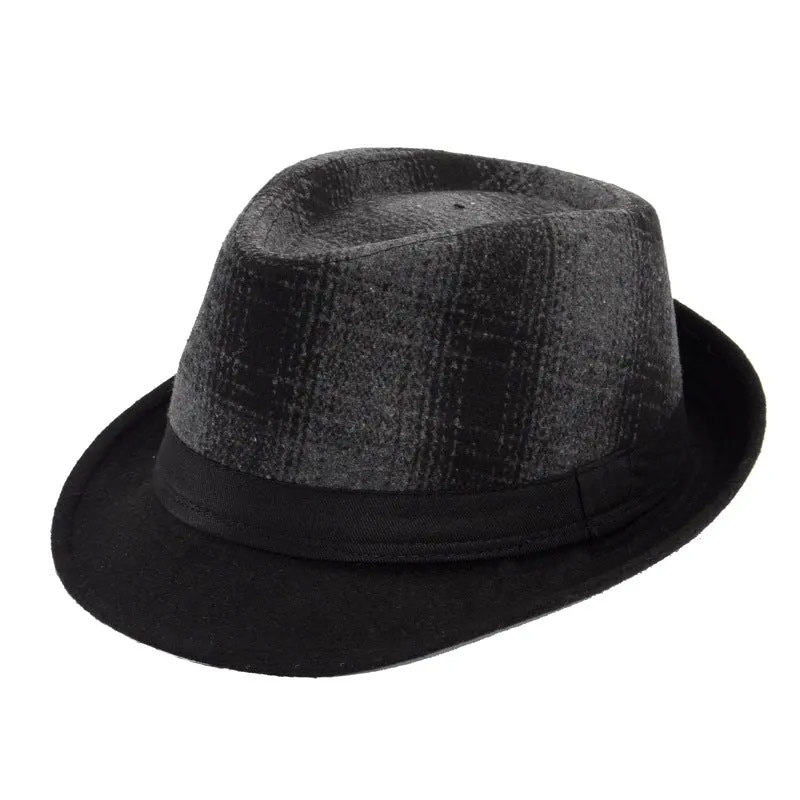 Men's wool felt top hat in black big grid, 58cm, side view