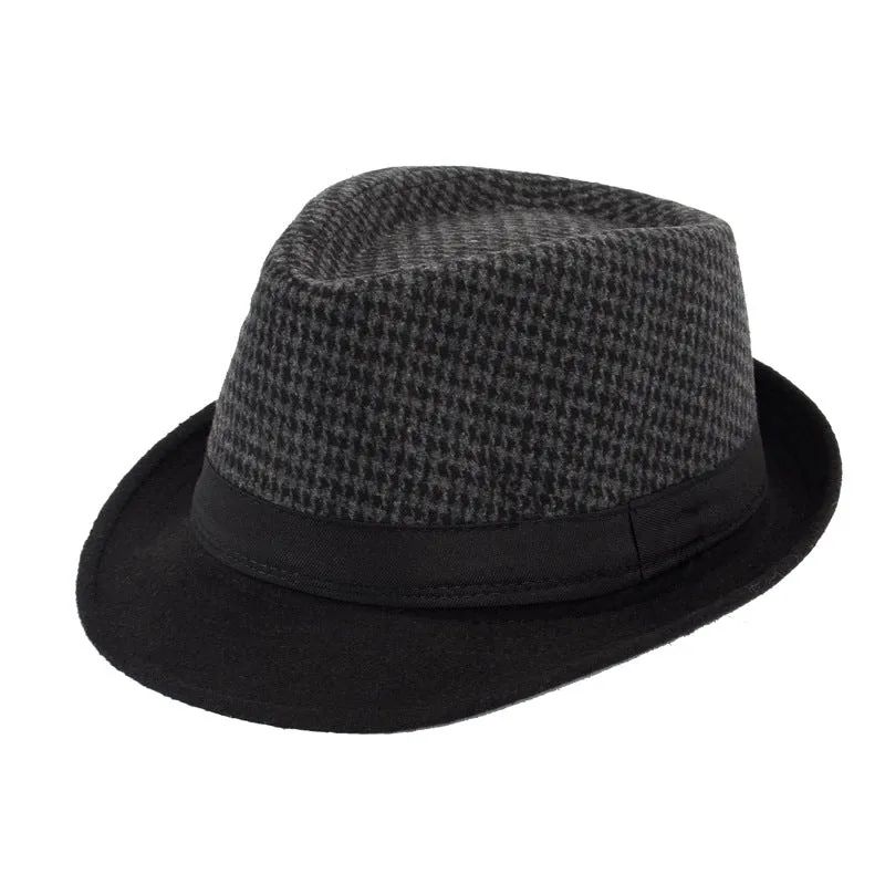 Men's wool felt top hat in black big grid, 58cm, side view
