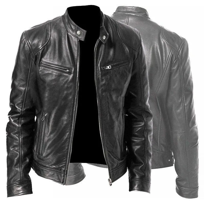 Men's zip-up PU leather cardigan jacket with stand collar, black, loose fit