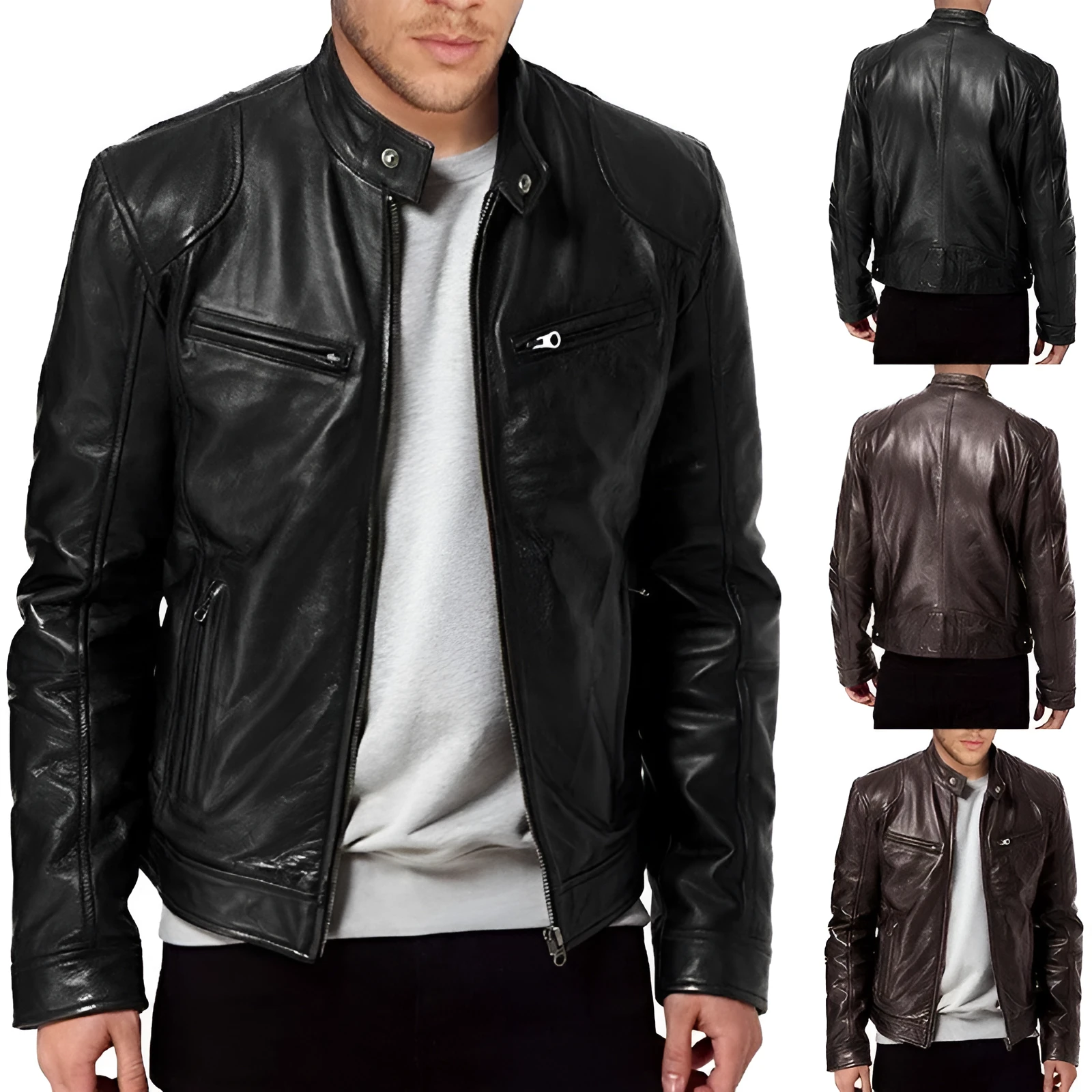 Men's zip-up PU leather cardigan jacket with stand collar, black, loose fit