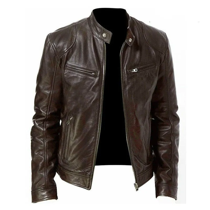 Men's zip-up PU leather cardigan jacket with stand collar, black, loose fit