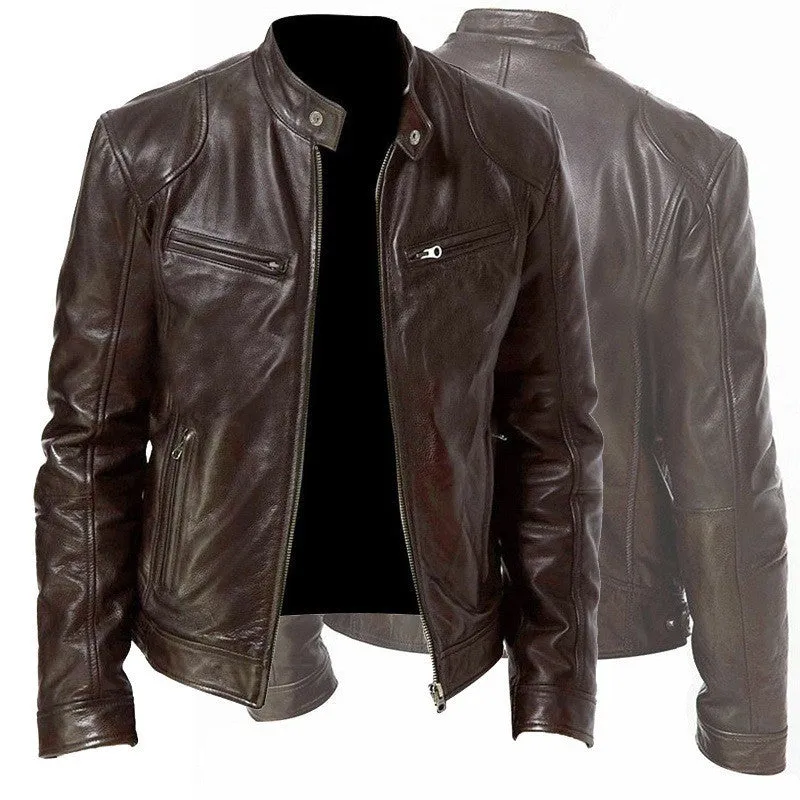 Men's zip-up PU leather cardigan jacket with stand collar, black, loose fit