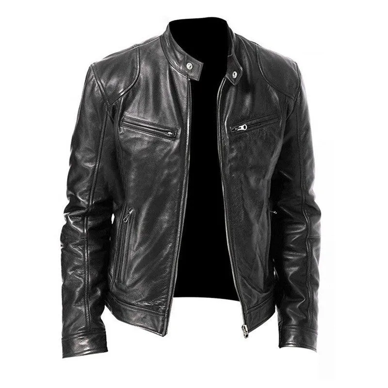 Men's zip-up PU leather cardigan jacket with stand collar, black, loose fit