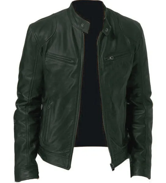 Men's zip-up PU leather cardigan jacket with stand collar, black, loose fit