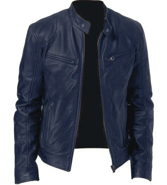 Men's zip-up PU leather cardigan jacket with stand collar, black, loose fit