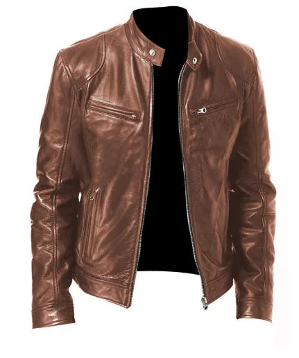 Men's zip-up PU leather cardigan jacket with stand collar, black, loose fit