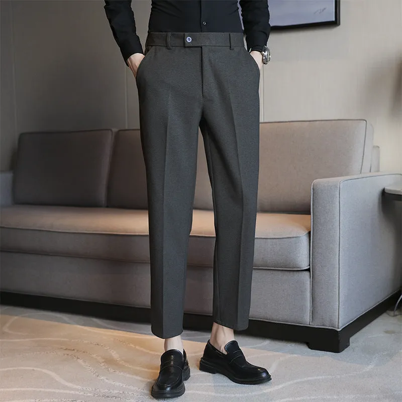 Men's straight cut brown corduroy trousers with elastic waistband shown front and side view