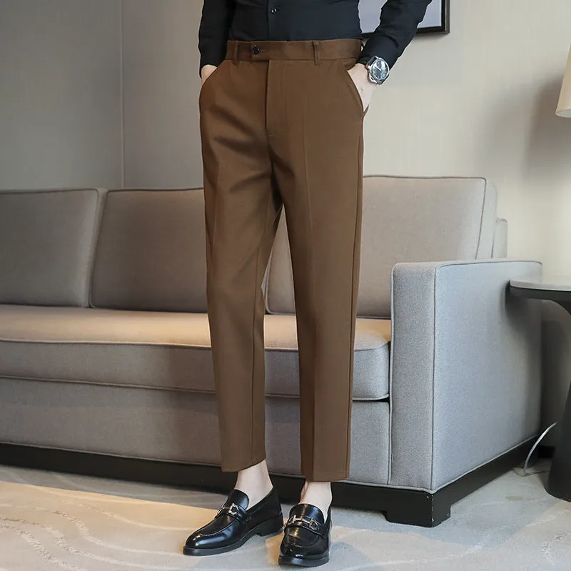 Men's straight cut brown corduroy trousers with elastic waistband shown front and side view