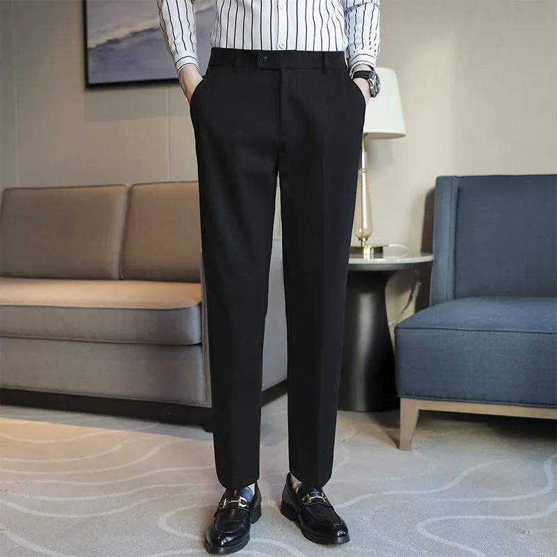 Men's straight cut brown corduroy trousers with elastic waistband shown front and side view