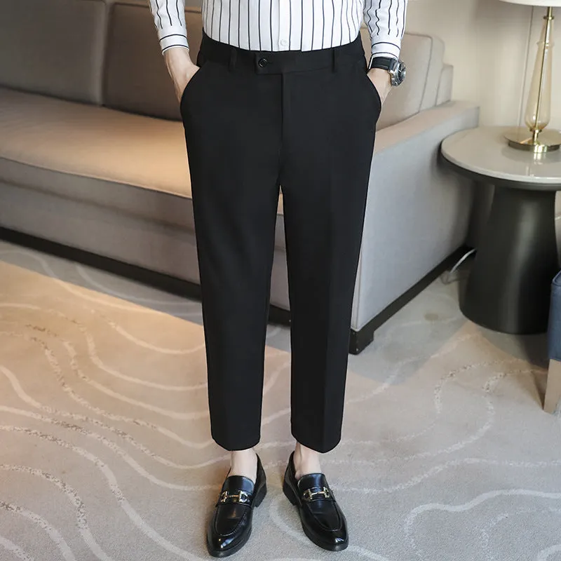 Men's straight cut brown corduroy trousers with elastic waistband shown front and side view