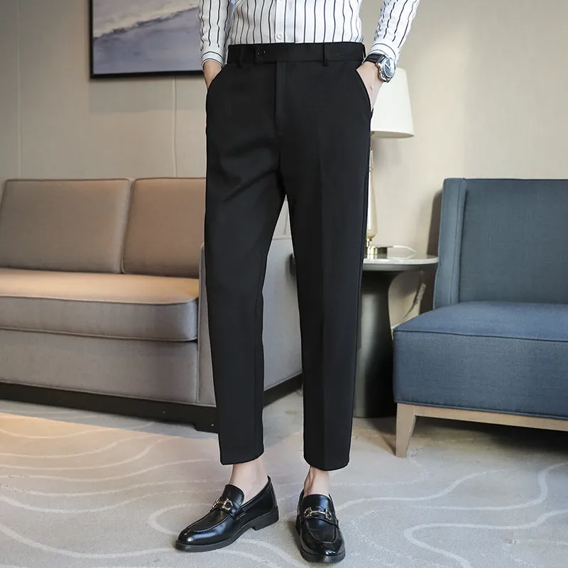Men's straight cut brown corduroy trousers with elastic waistband shown front and side view