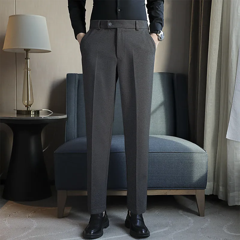 Men's straight cut brown corduroy trousers with elastic waistband shown front and side view