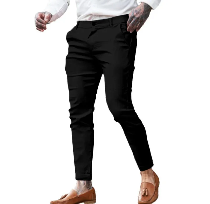 Men's slim fit pencil trousers in cotton twill with high elasticity, showing colour options and pencil silhouette