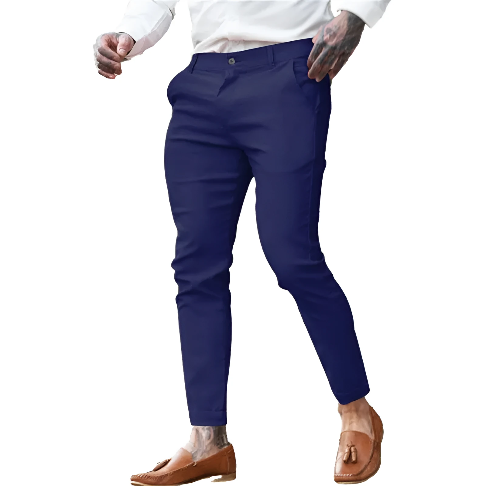 Men's slim fit pencil trousers in cotton twill with high elasticity, showing colour options and pencil silhouette