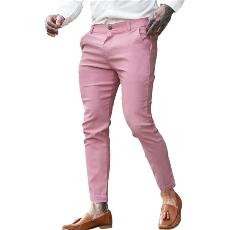 Men's slim fit pencil trousers in cotton twill with high elasticity, showing colour options and pencil silhouette