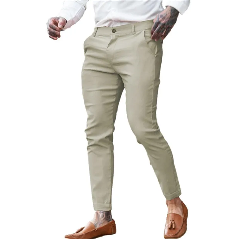 Men's slim fit pencil trousers in cotton twill with high elasticity, showing colour options and pencil silhouette