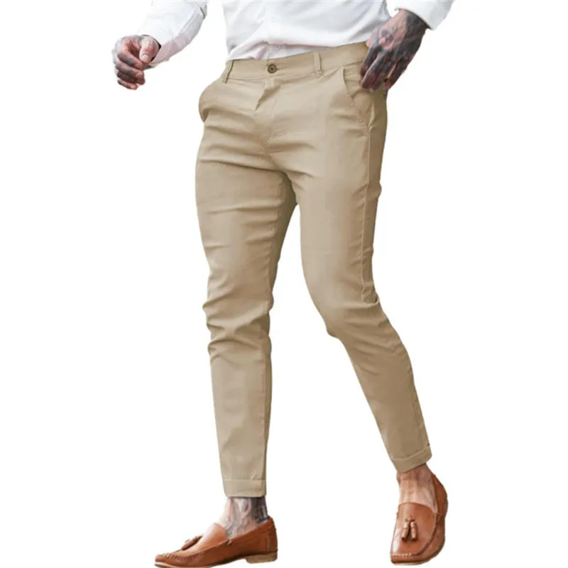 Men's slim fit pencil trousers in cotton twill with high elasticity, showing colour options and pencil silhouette