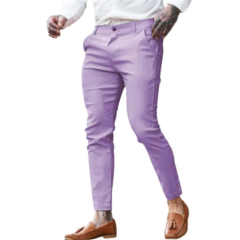 Men's slim fit pencil trousers in cotton twill with high elasticity, showing colour options and pencil silhouette