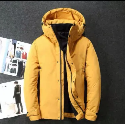 Men's thickened outdoor workwear jacket parka with white duck down filling, polyester shell, slim fit, available in black, red, white, yellow
