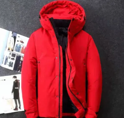 Men's thickened outdoor workwear jacket parka with white duck down filling, polyester shell, slim fit, available in black, red, white, yellow