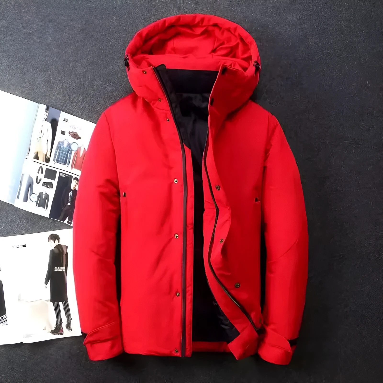 Men's thickened outdoor workwear jacket parka with white duck down filling, polyester shell, slim fit, available in black, red, white, yellow