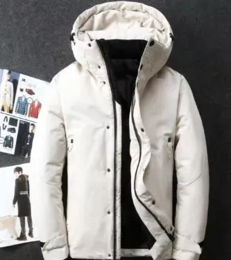 Men's thickened outdoor workwear jacket parka with white duck down filling, polyester shell, slim fit, available in black, red, white, yellow