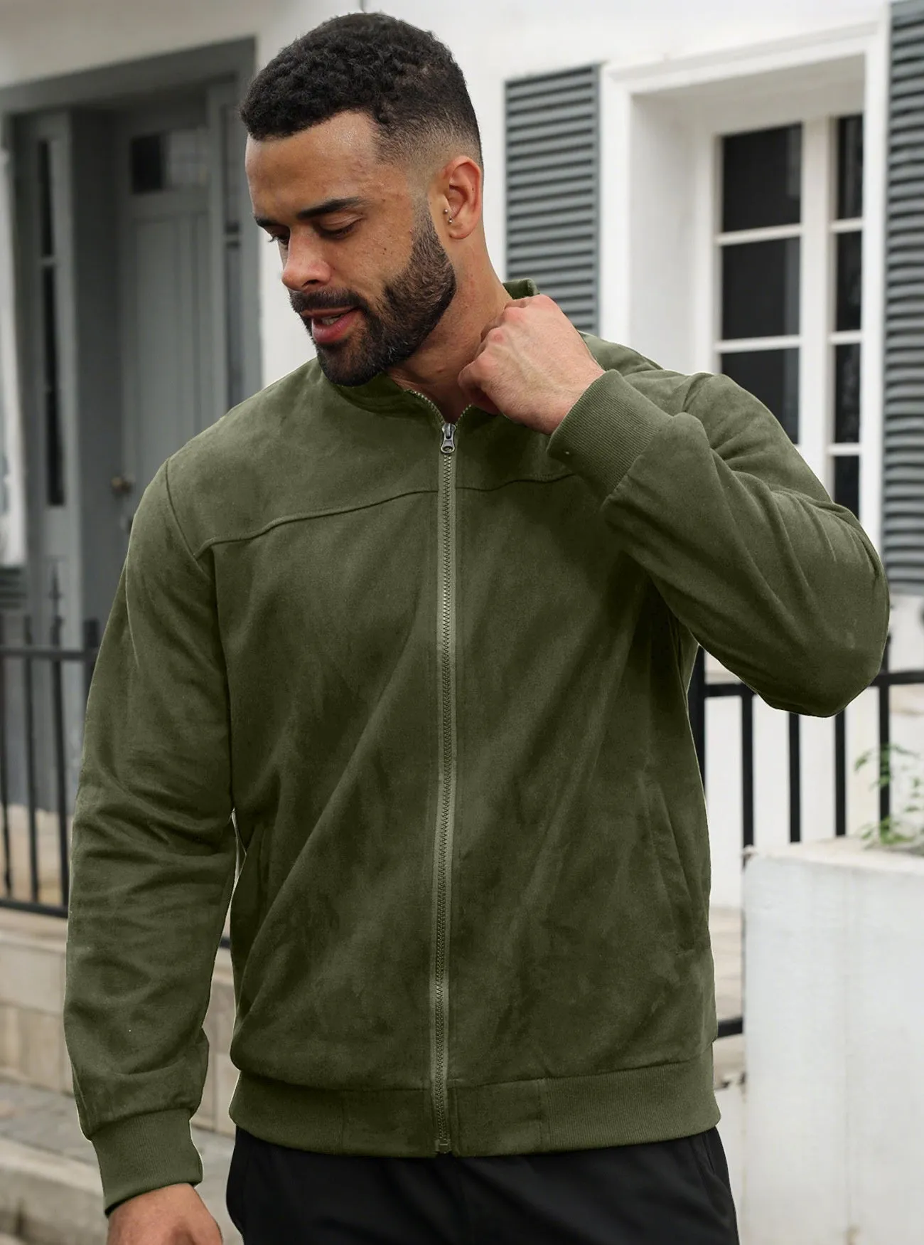 Men's suede flight jacket solid colour with round hem and long sleeves