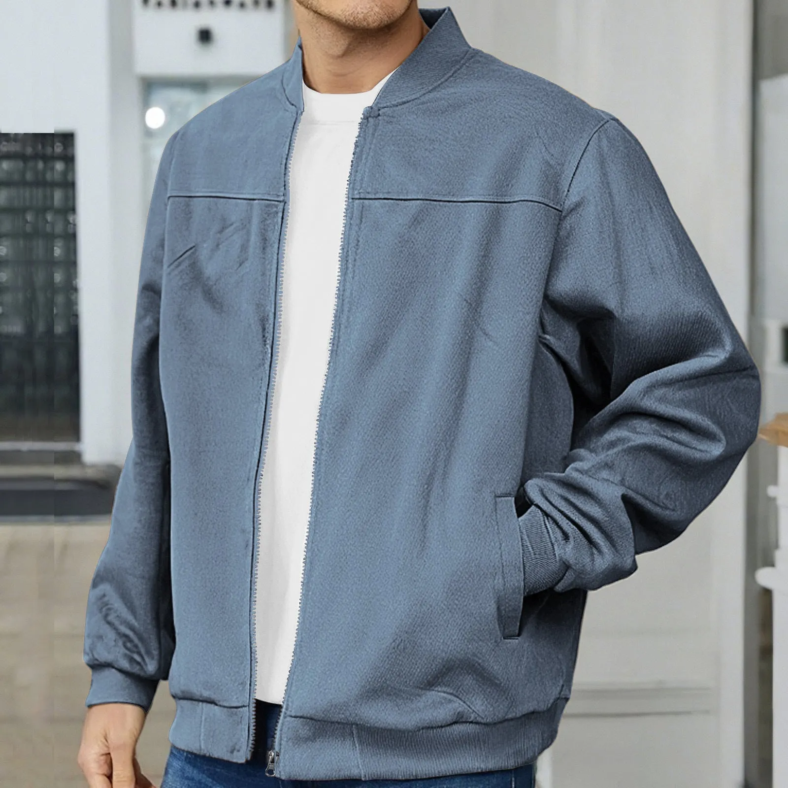Men's suede flight jacket solid colour with round hem and long sleeves
