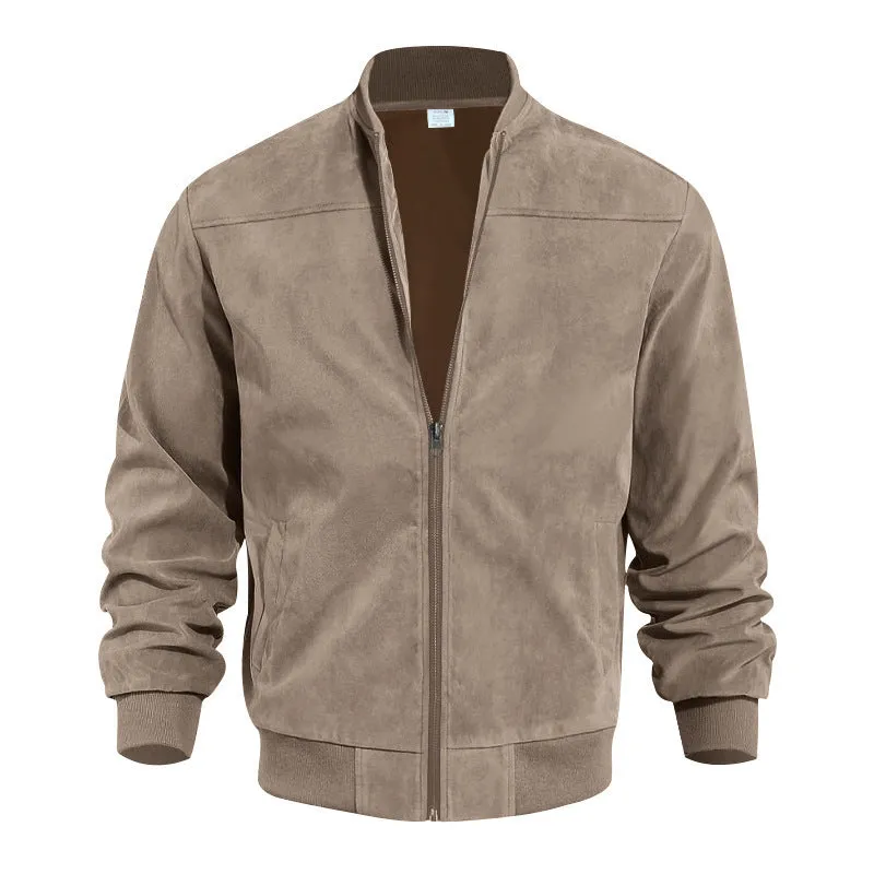 Men's suede flight jacket solid colour with round hem and long sleeves
