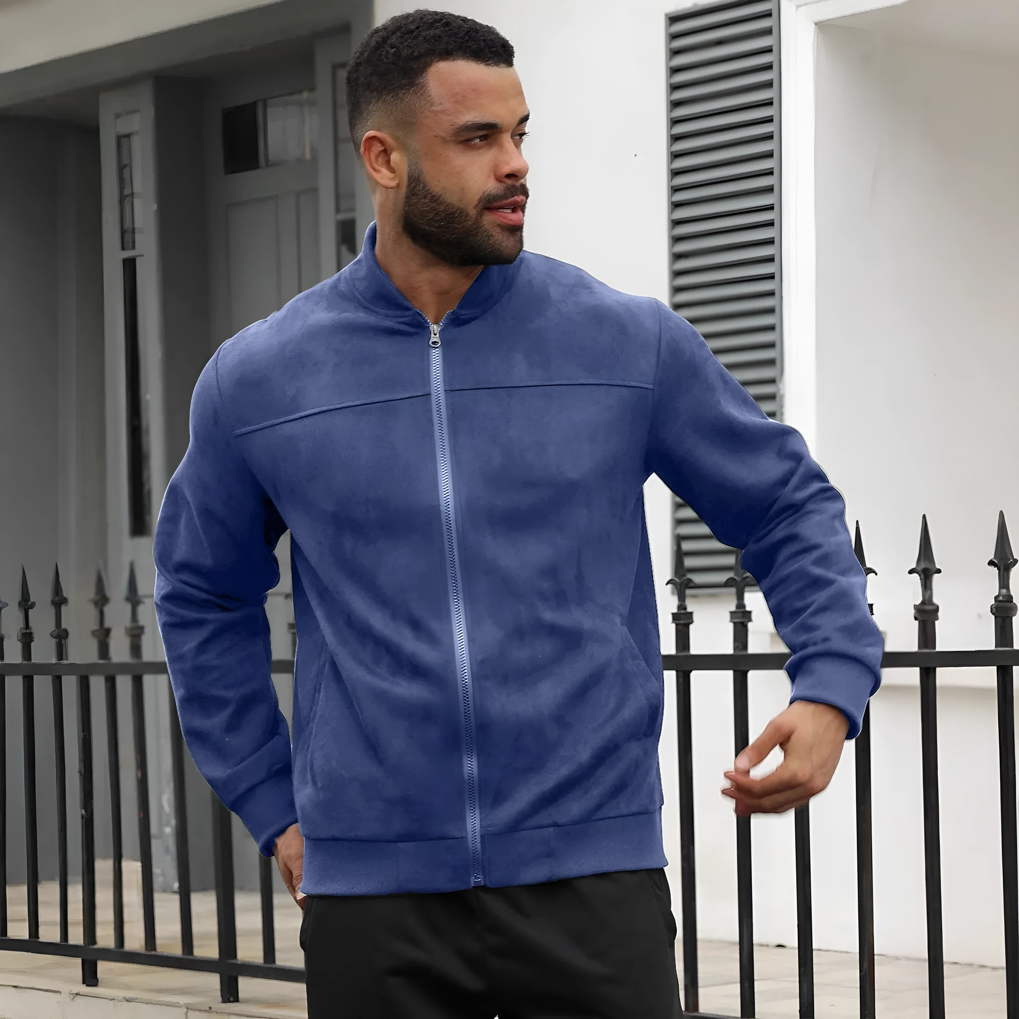 Men's suede flight jacket solid colour with round hem and long sleeves