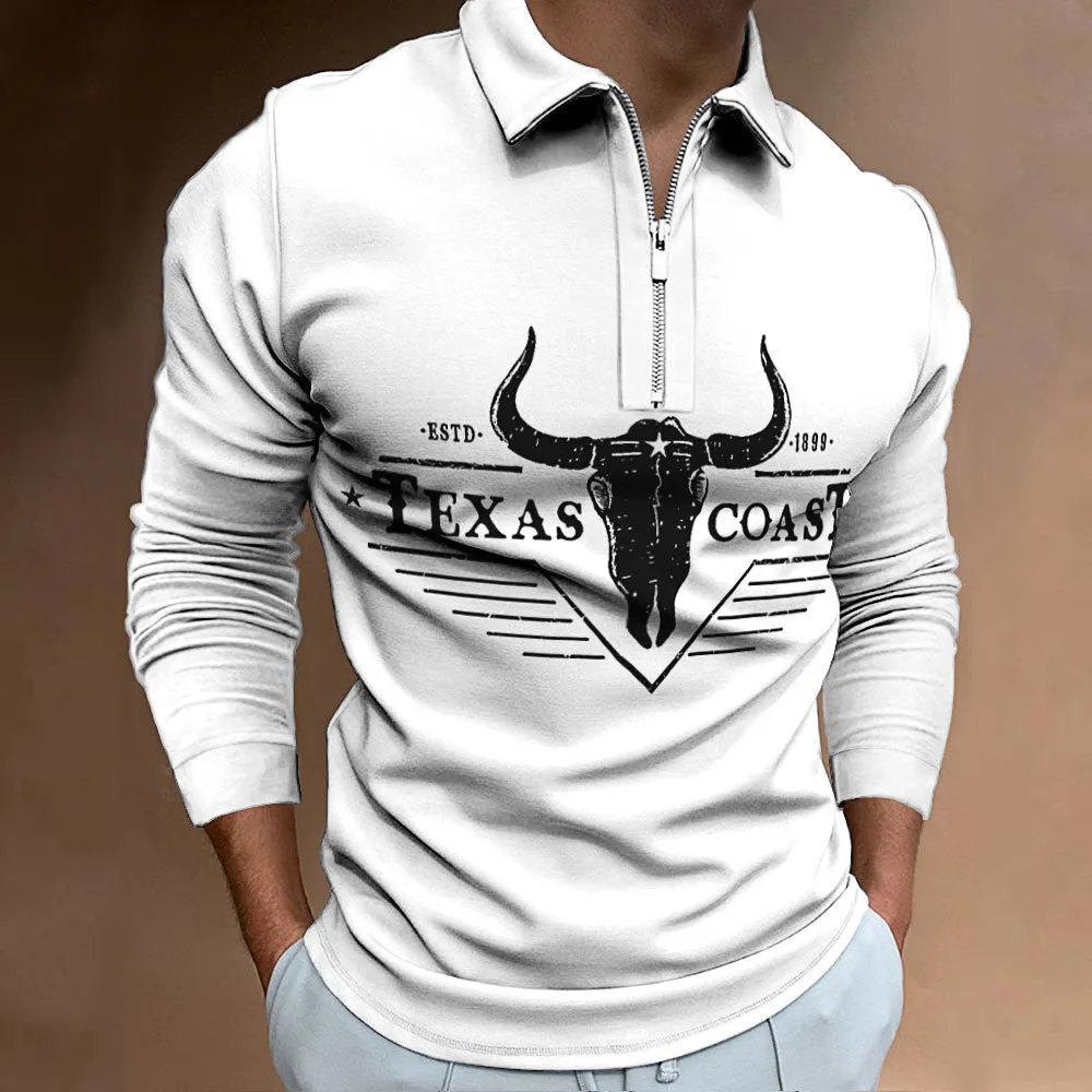 Men's zipper casual top with 3D digital print and front zipper decoration in cotton blend fabric