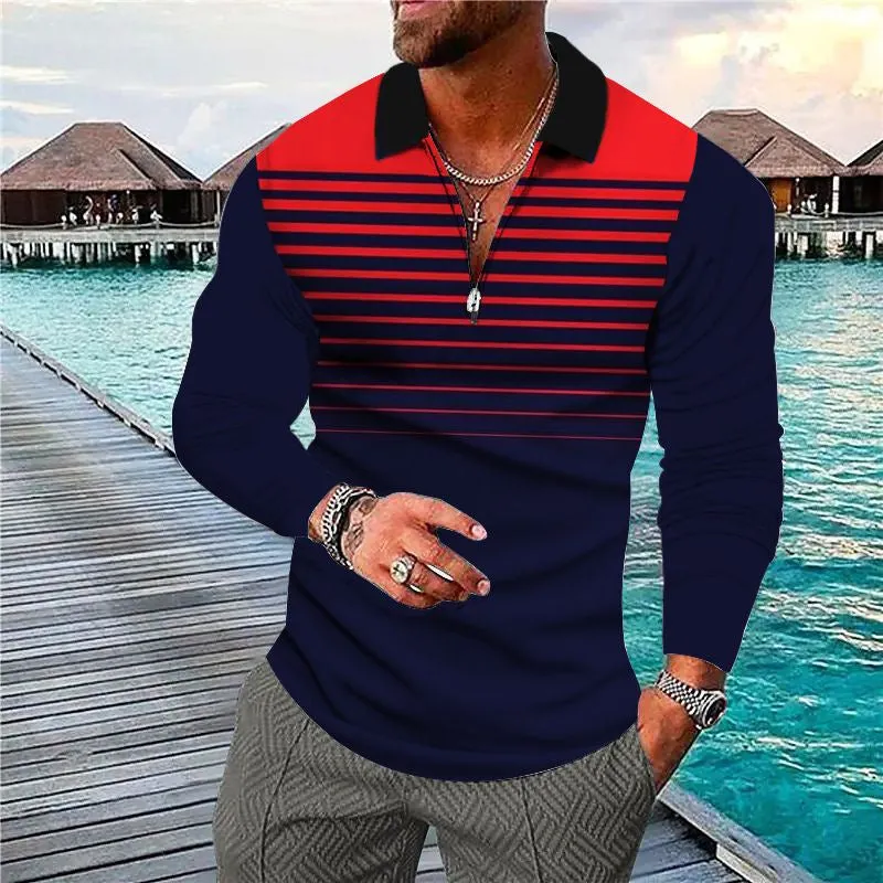 Men's zipper casual top with 3D digital print and front zipper decoration in cotton blend fabric