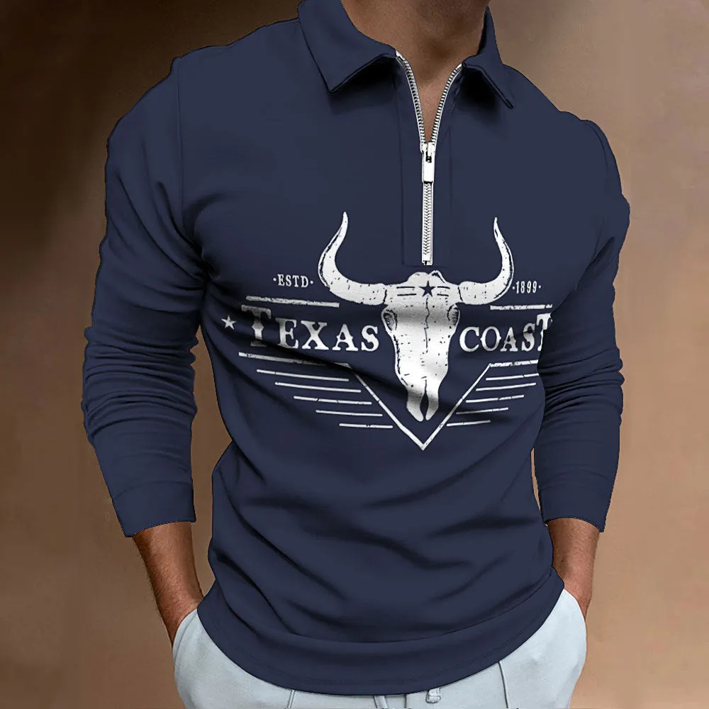 Men's zipper casual top with 3D digital print and front zipper decoration in cotton blend fabric