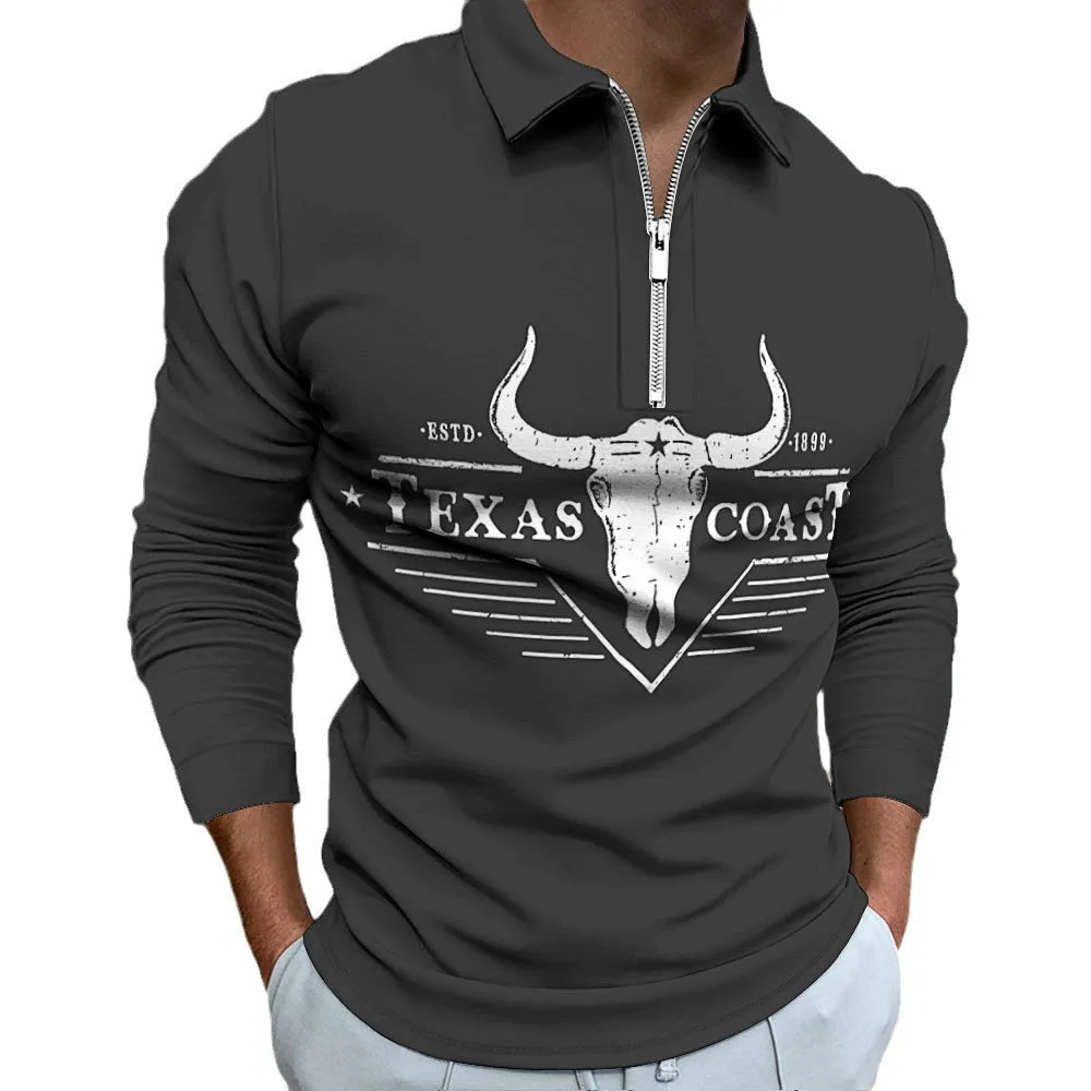 Men's zipper casual top with 3D digital print and front zipper decoration in cotton blend fabric