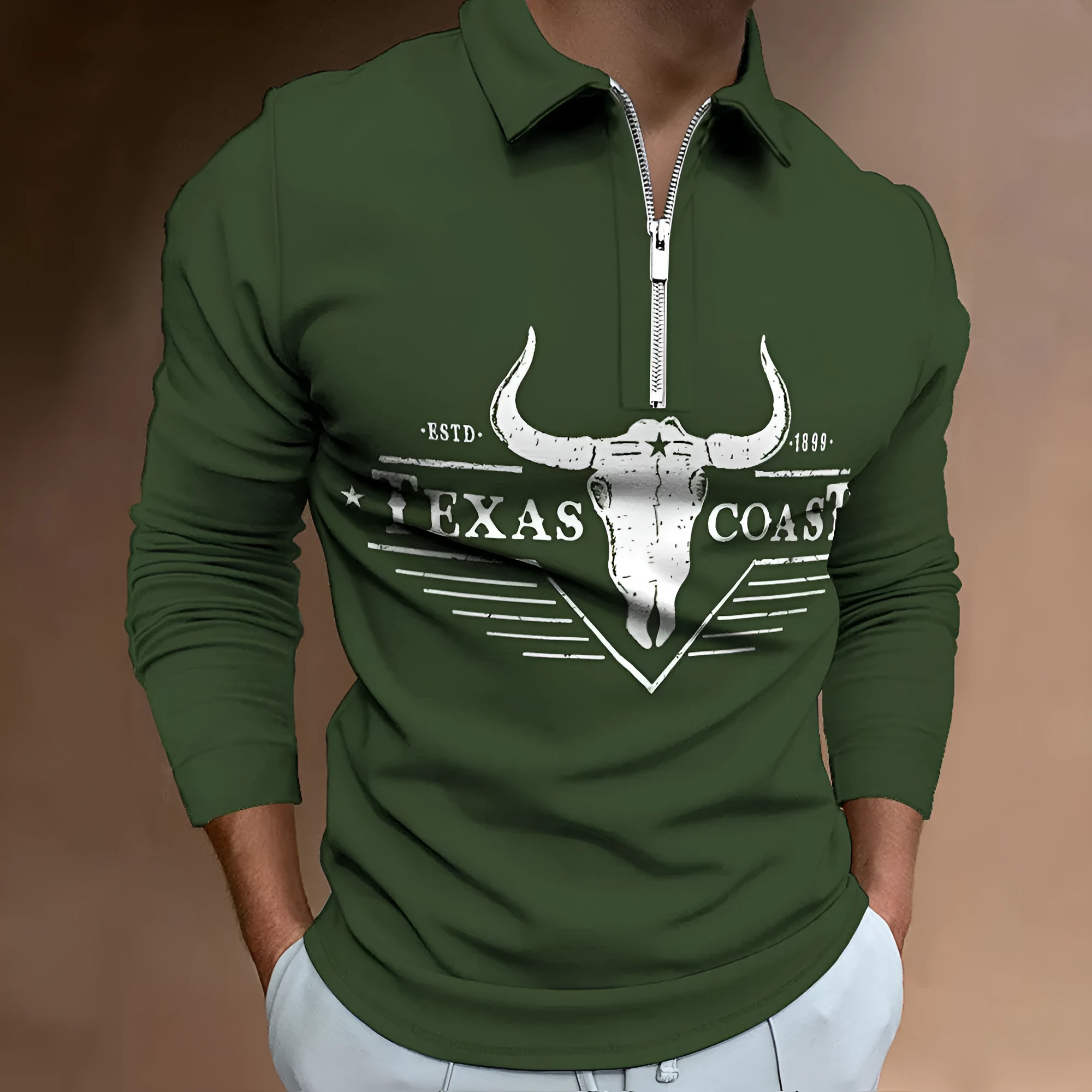 Men's zipper casual top with 3D digital print and front zipper decoration in cotton blend fabric
