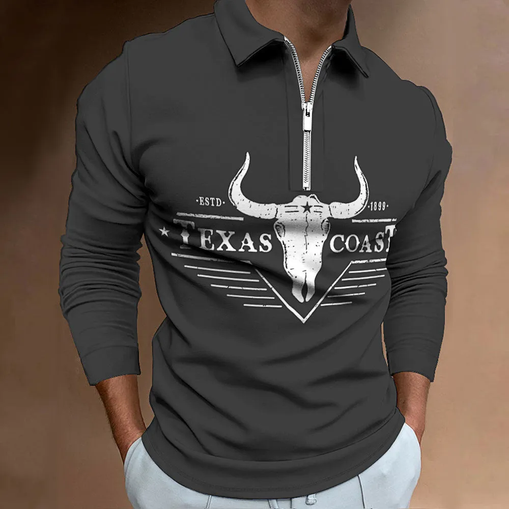 Men's zipper casual top with 3D digital print and front zipper decoration in cotton blend fabric