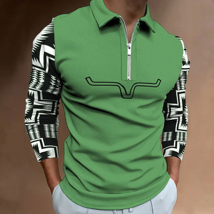 Men's zipper casual top with 3D digital print and front zipper decoration in cotton blend fabric