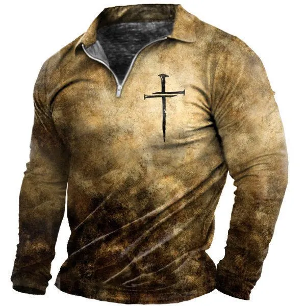 Men's zipper casual top with 3D digital print and front zipper decoration in cotton blend fabric