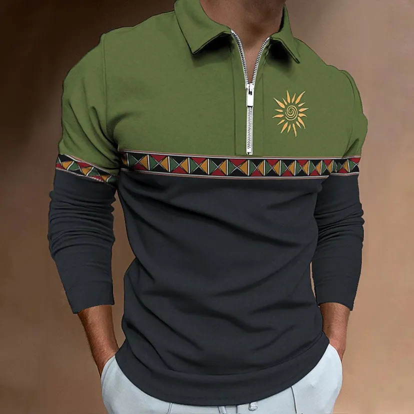 Men's zipper casual top with 3D digital print and front zipper decoration in cotton blend fabric