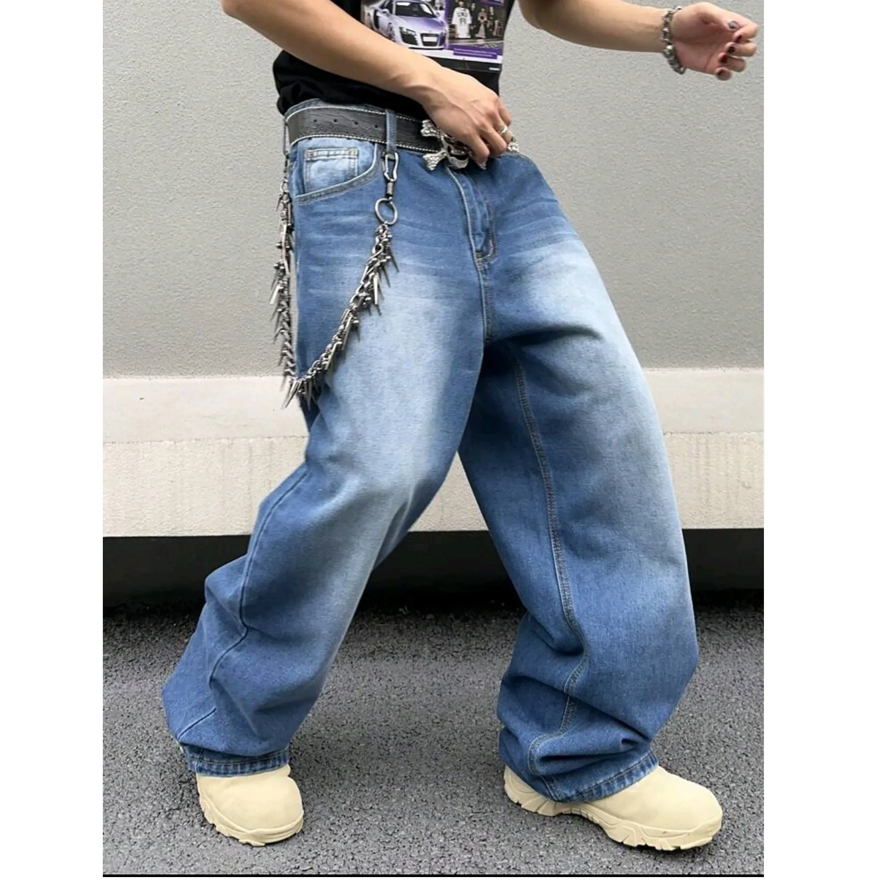 Men's sky blue straight loose jeans in cotton denim with zip fly, front view