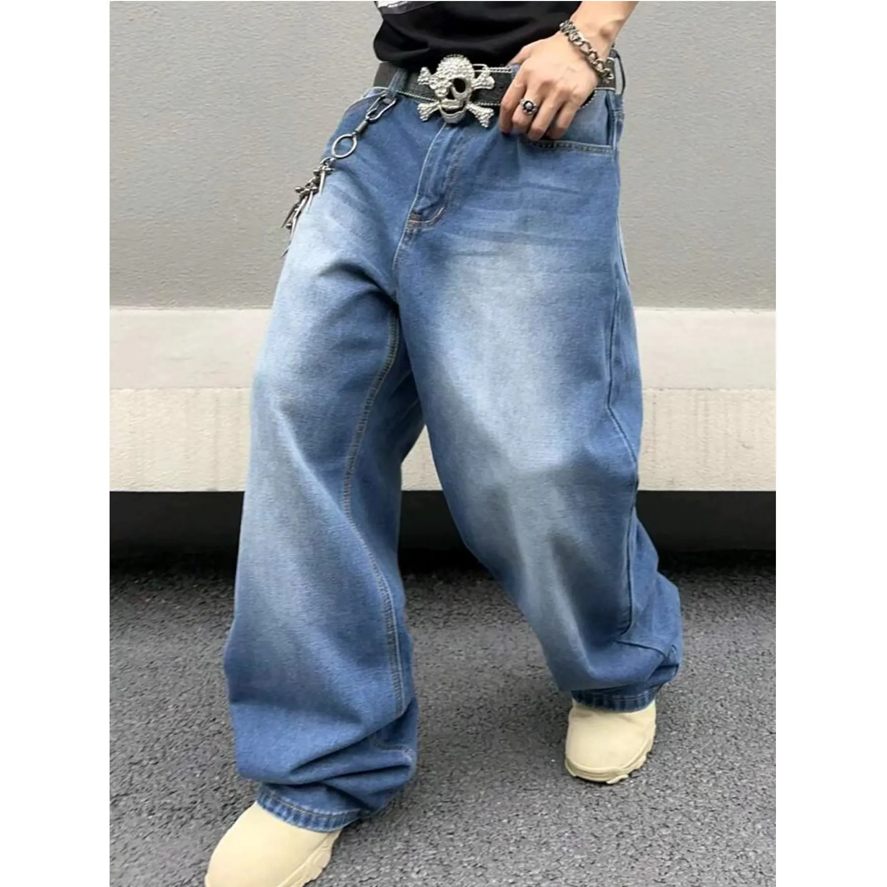 Men's sky blue straight loose jeans in cotton denim with zip fly, front view