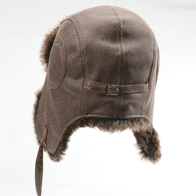 Waterproof unisex outdoor Lei Feng hat in camel with Soviet badge, artificial leather and polyester fur lining