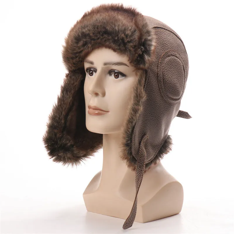 Waterproof unisex outdoor Lei Feng hat in camel with Soviet badge, artificial leather and polyester fur lining