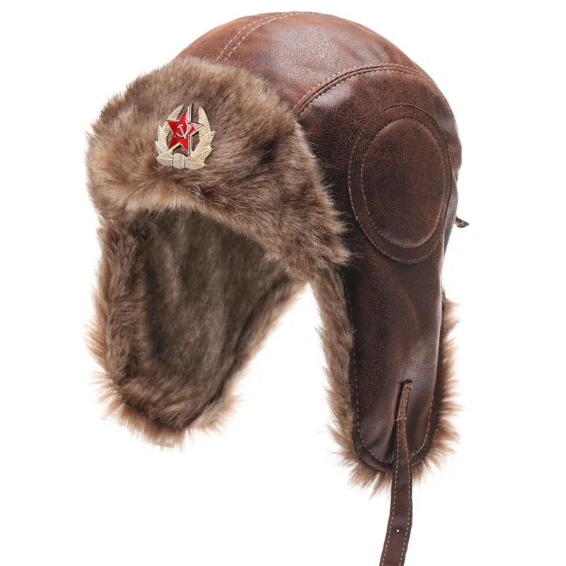 Waterproof unisex outdoor Lei Feng hat in camel with Soviet badge, artificial leather and polyester fur lining