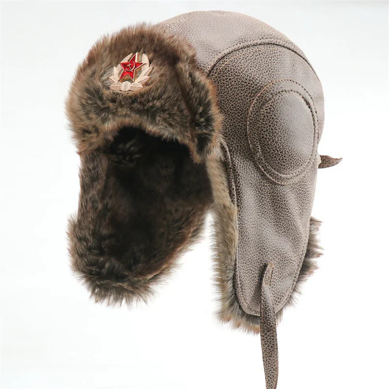 Waterproof unisex outdoor Lei Feng hat in camel with Soviet badge, artificial leather and polyester fur lining