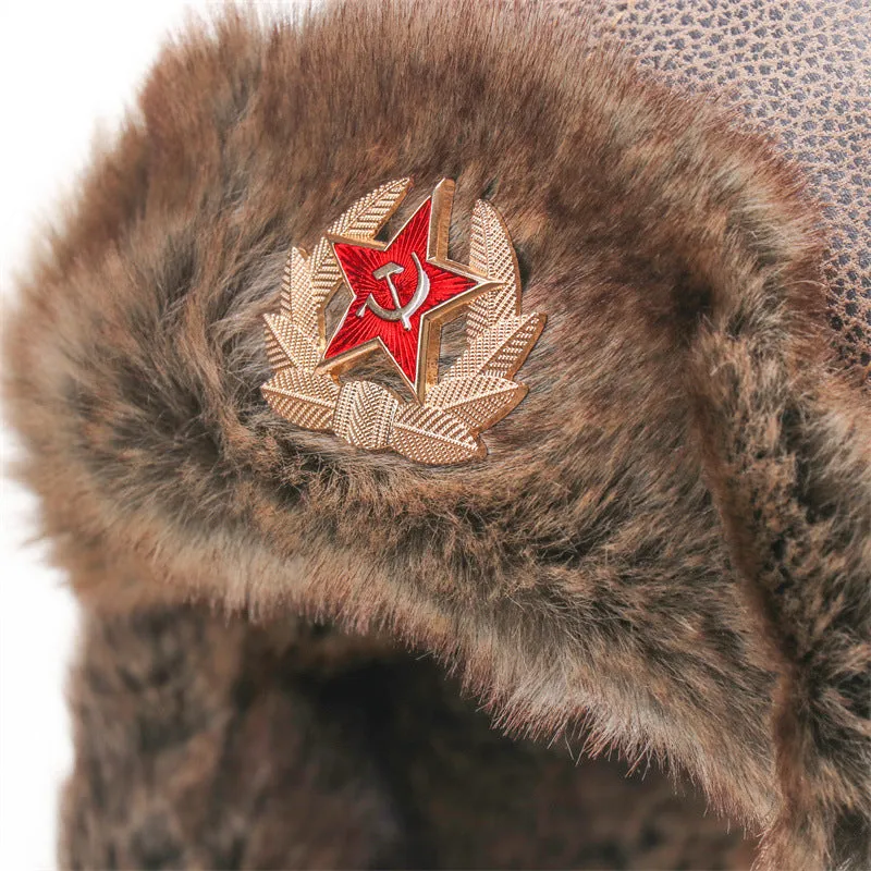 Waterproof unisex outdoor Lei Feng hat in camel with Soviet badge, artificial leather and polyester fur lining