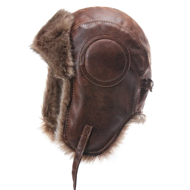 Waterproof unisex outdoor Lei Feng hat in camel with Soviet badge, artificial leather and polyester fur lining