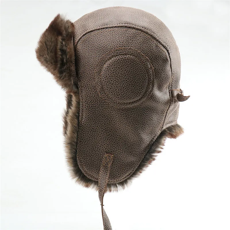 Waterproof unisex outdoor Lei Feng hat in camel with Soviet badge, artificial leather and polyester fur lining