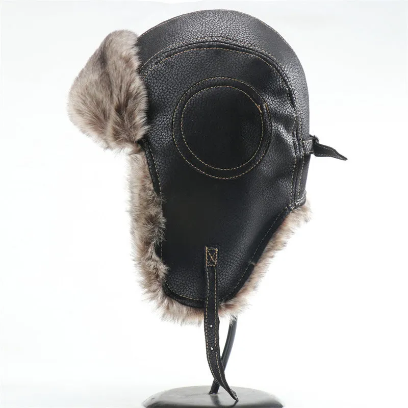 Waterproof unisex outdoor Lei Feng hat in camel with Soviet badge, artificial leather and polyester fur lining